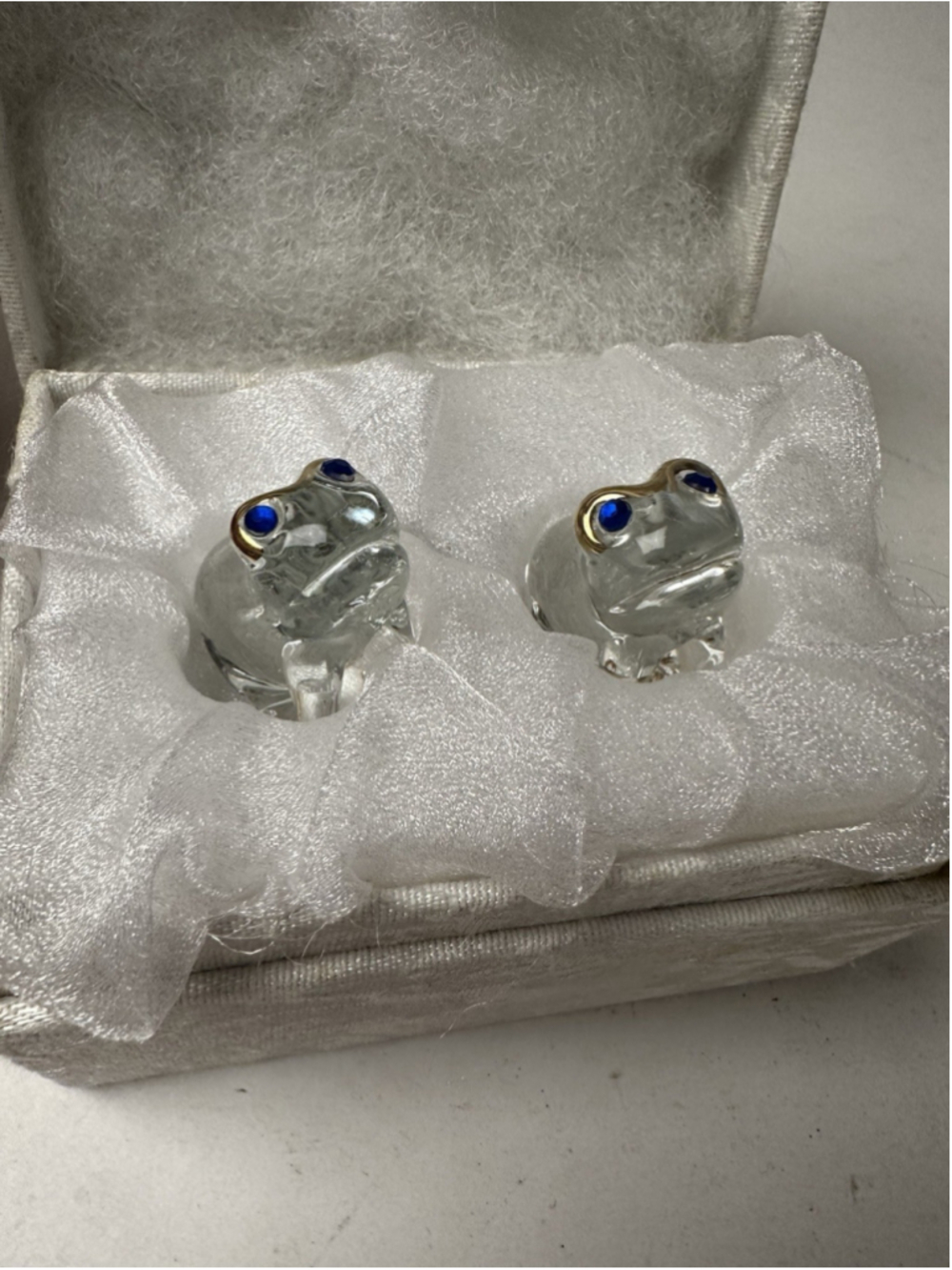 Pair Mini Hand Blown Clear Glass Frog Figurines Blue Eyes Gold Accents Feet Box